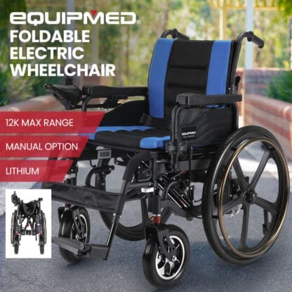 EQUIPMED Electric Wheelchair Folding, Long Range, Folding, Lithium Battery, 24" Light Rear Wheels, Matte Black/Blue - Image 2