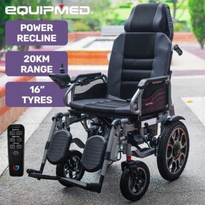 EQUIPMED Power Electric Wheelchair, Long Range, Auto Recline, Lithium Battery, 16" Rear Wheels, Headrest, Folding, Grey/Black - Image 2