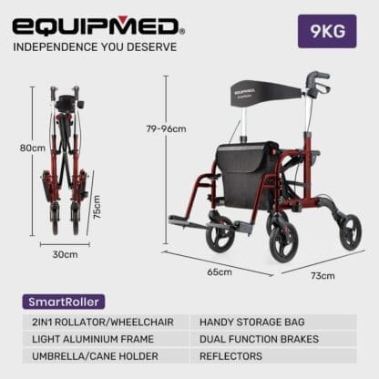 EQUIPMED 2-in-1 Aluminium Rollator and Transit Wheelchair, for Seniors Elderly, Red - Image 14