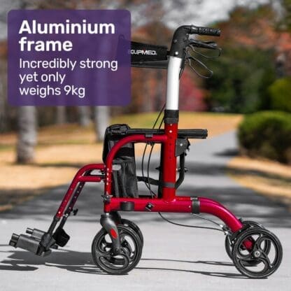 EQUIPMED 2-in-1 Aluminium Rollator and Transit Wheelchair, for Seniors Elderly, Red - Image 4