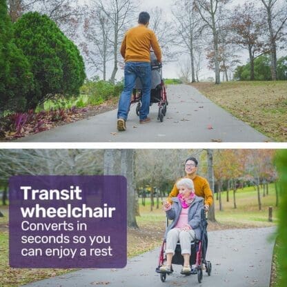 EQUIPMED 2-in-1 Aluminium Rollator and Transit Wheelchair, for Seniors Elderly, Red - Image 8