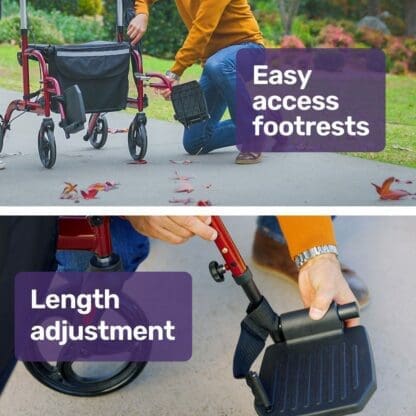 EQUIPMED 2-in-1 Aluminium Rollator and Transit Wheelchair, for Seniors Elderly, Red - Image 9