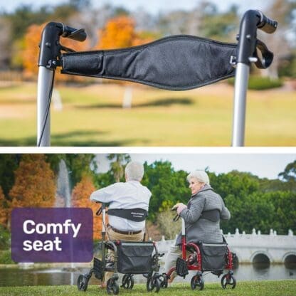 EQUIPMED 2-in-1 Aluminium Rollator and Transit Wheelchair, for Seniors Elderly, Red - Image 10