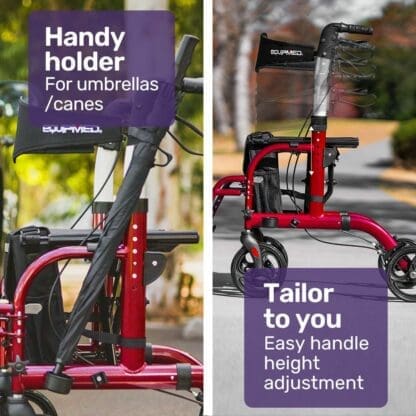EQUIPMED 2-in-1 Aluminium Rollator and Transit Wheelchair, for Seniors Elderly, Red - Image 11