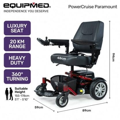 EQUIPMED Heavy Duty Electric Wheelchair, Up to 20km Range, Ultra-Comfortable, Safe Stable Non-Slip Anti-Roll Back Power Chair, Red - Image 16