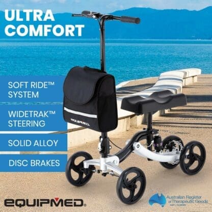 EQUIPMED Premium Knee Walker Scooter, WideTrak steering, Suspension, Disc Brakes, Silver - Image 2