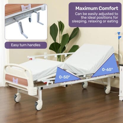 EQUIPMED Medical Bed, w/ Mattress & Over Bed Table, Easy Manual Back and Leg Incline Adjustable, IV Pole, Home Aged Care or ICU Hospital - Image 4