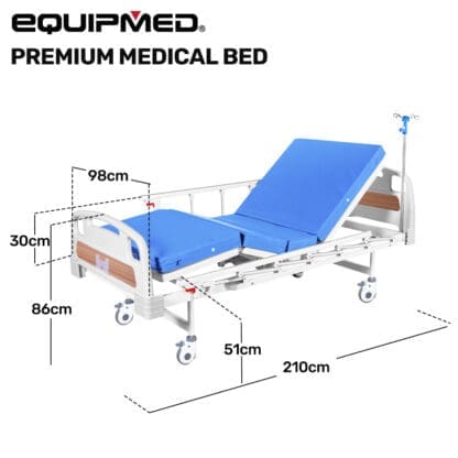 EQUIPMED Medical Bed, w/ Mattress & Over Bed Table, Easy Manual Back and Leg Incline Adjustable, IV Pole, Home Aged Care or ICU Hospital - Image 9