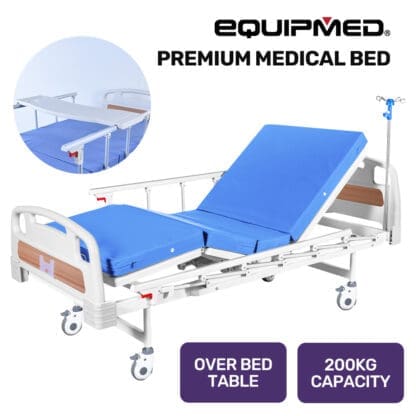 EQUIPMED Medical Bed, w/ Mattress & Over Bed Table, Easy Manual Back and Leg Incline Adjustable, IV Pole, Home Aged Care or ICU Hospital - Image 11